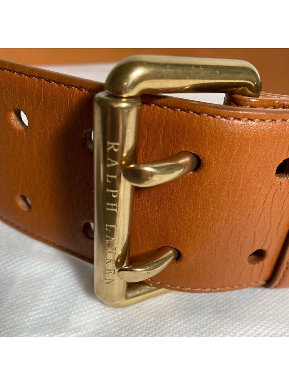 Ralph Lauren Tan Leather Belt with Gold-Tone Triple-Prong